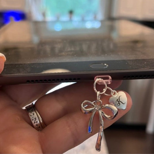 Personalized Initial Phone Charm, Engraved Heart or Round Charm and Bow, Dust Plug.