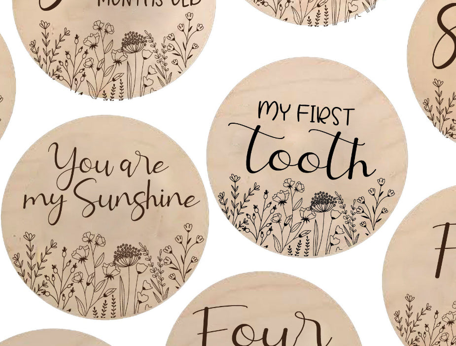 Newborn Milestone Acrylic Engraved Photo Props Set of 15 standard Months, Day, Year, Birth Stats and you are my sunshine, with add on “My First” Holiday Set