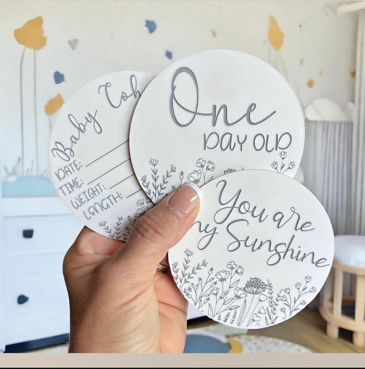 Newborn Milestone Acrylic Engraved Photo Props Set of 15 standard Months, Day, Year, Birth Stats and you are my sunshine, with add on “My First” Holiday Set