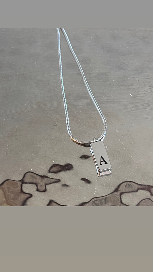 Silver Bar Necklace with Initial