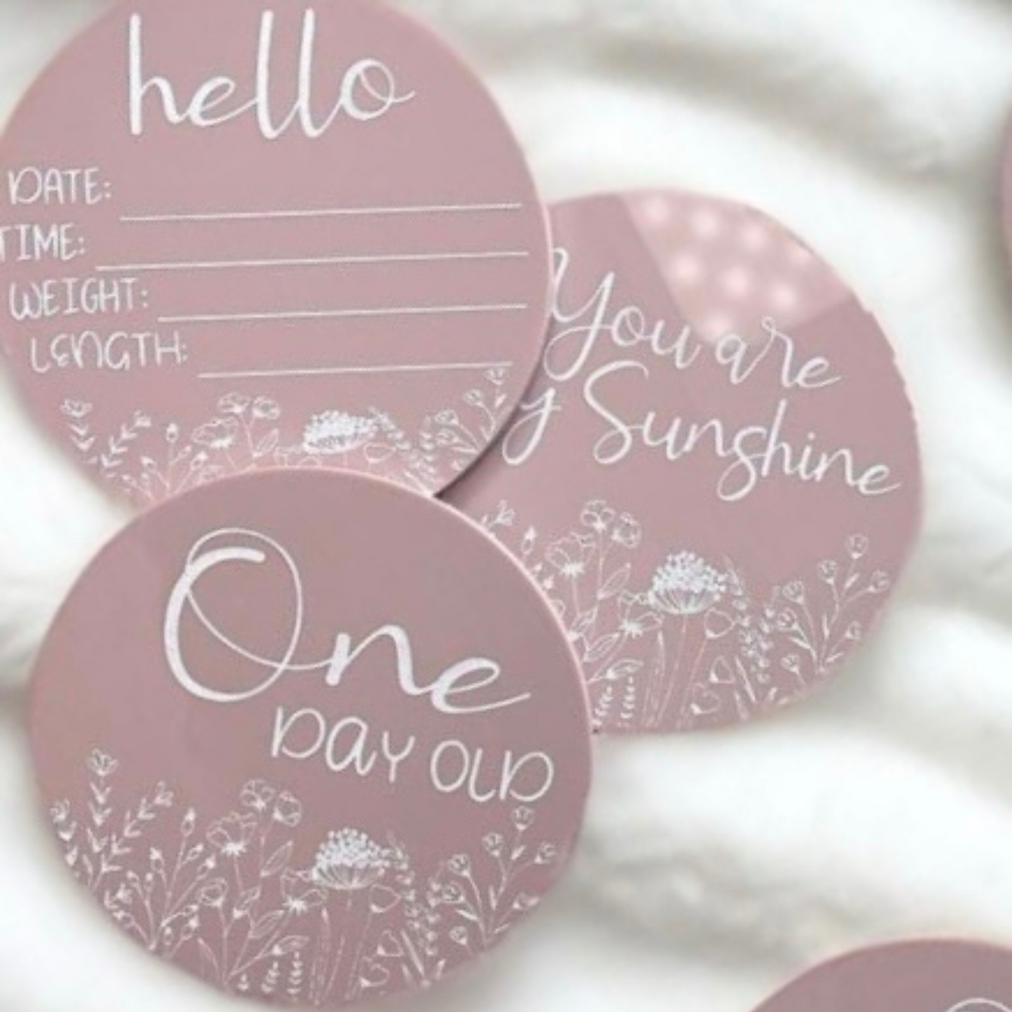 Newborn Milestone Acrylic Engraved Photo Props Set of 15 standard Months, Day, Year, Birth Stats and you are my sunshine, with add on “My First” Holiday Set