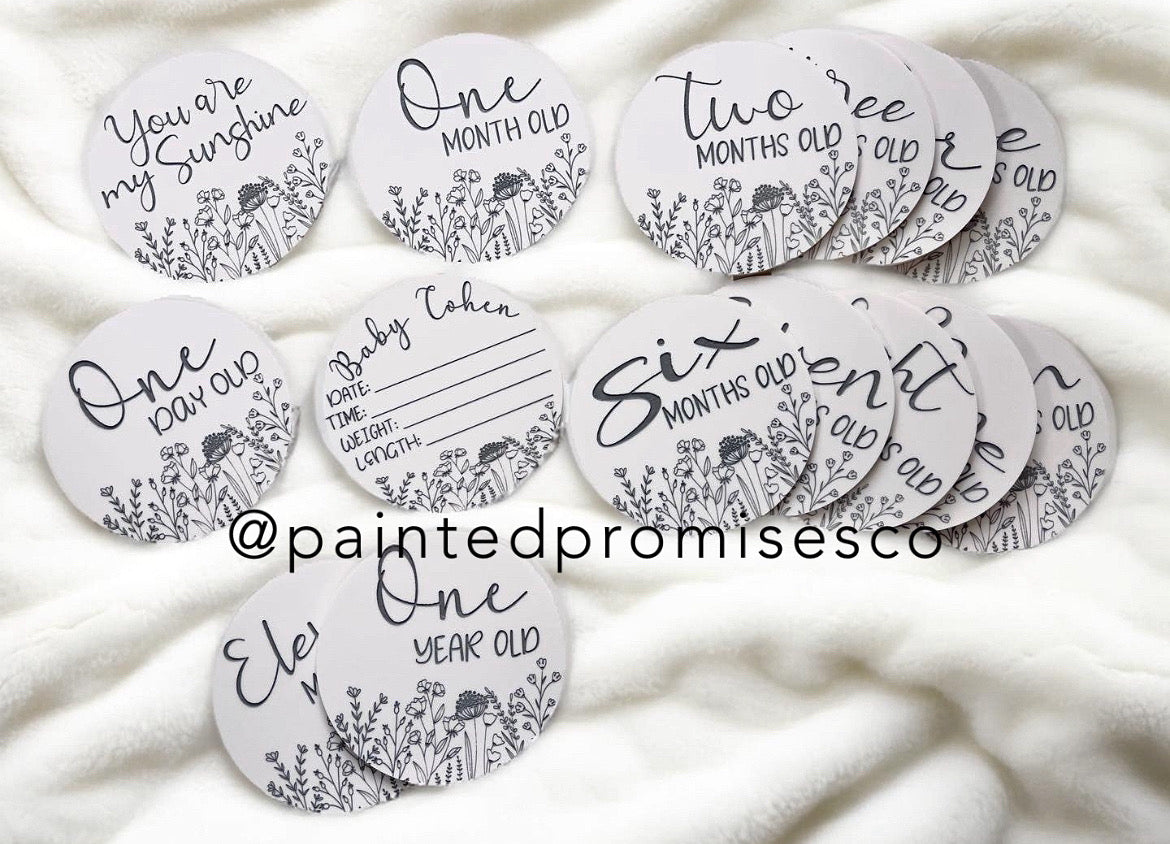 Newborn Milestone Acrylic Engraved Photo Props Set of 15 standard Months, Day, Year, Birth Stats and you are my sunshine, with add on “My First” Holiday Set