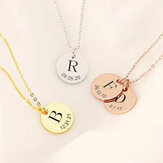Initial Pendant with Date ~ Round Necklace