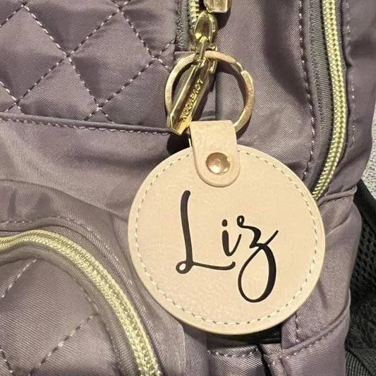 Diaper & Luggage Bag Tags ~ Round Engraved Leather Bag Tags. Add Name, Address, Phone or Custom. Attached with sturdy heavy duty metal ring.
