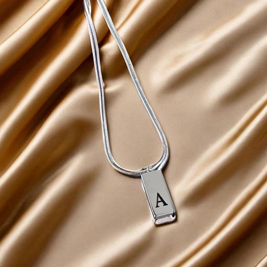 Silver Bar Necklace. Engraved Initial Charm with Adjustable Silver Chain.