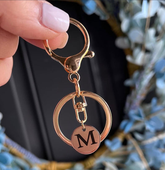 Personalized Round Gold Charm with Key Ring, 18K Gold Plated Tag. 16 mm engraved tag with gold lobster hook key ring. Unique Gift for all.