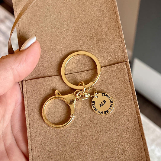 Personalized Round Gold Charm with Key Ring, 18K Gold Plated Tag. 16 mm engraved tag with gold lobster hook key ring. Unique Gift for all.