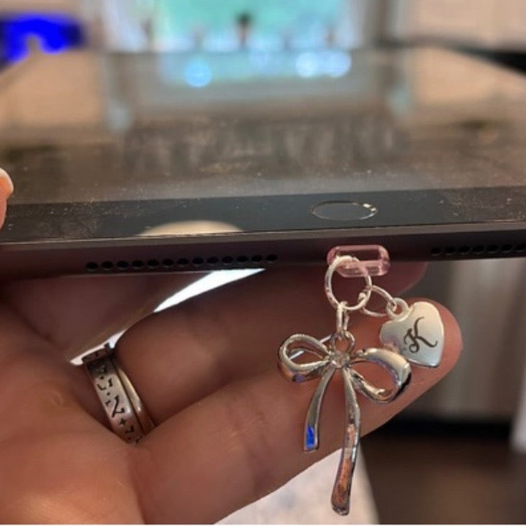 Personalized Initial Phone Charm, Engraved Heart or Round Charm and Bow, Dust Plug.