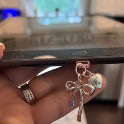 Personalized Initial Phone Charm, Engraved Heart or Round Charm and Bow, Dust Plug.