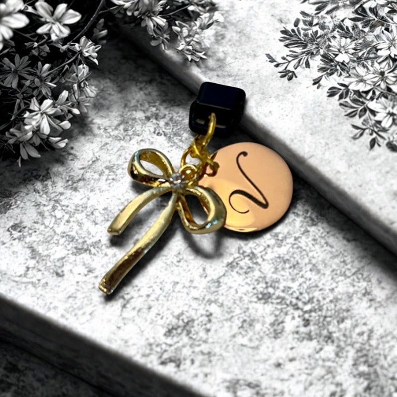 Personalized Initial Phone Charm, Engraved Heart or Round Charm and Bow, Dust Plug.