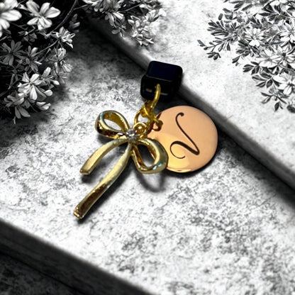 Personalized Initial Phone Charm, Engraved Heart or Round Charm and Bow, Dust Plug.