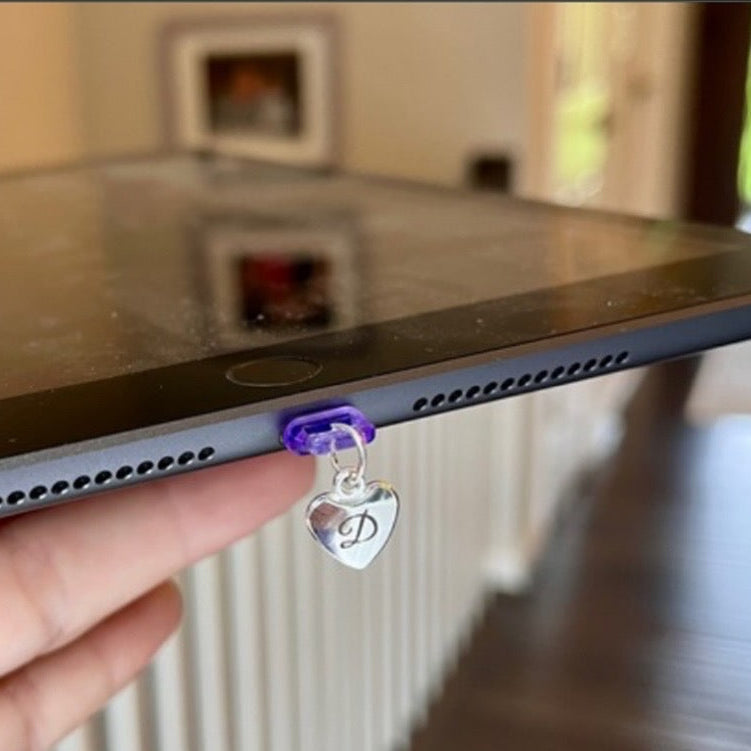 Personalized Initial Phone Charm, Engraved Heart or Round Charm and Bow, Dust Plug.