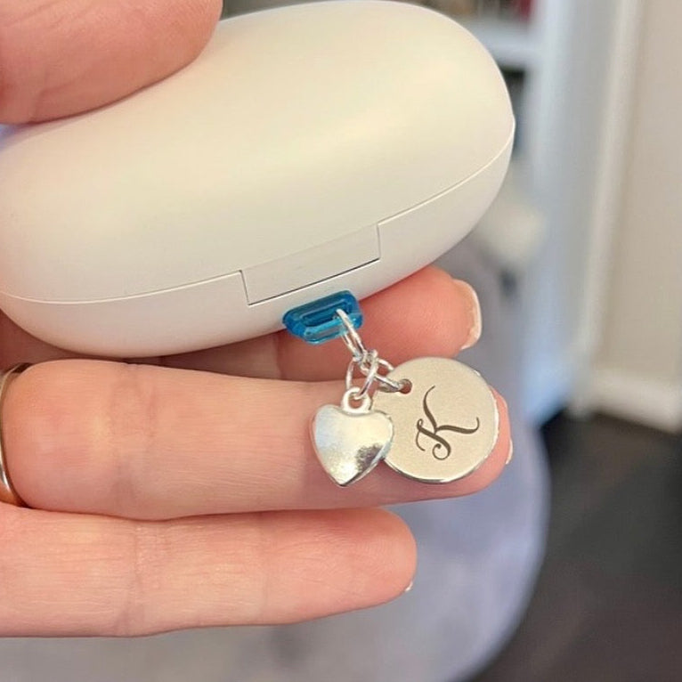 Personalized Initial Phone Charm, Engraved Heart or Round Charm and Bow, Dust Plug.