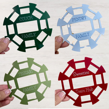 Dominos Train Hub Acrylic Personalized with Family Name and Tiny Trains