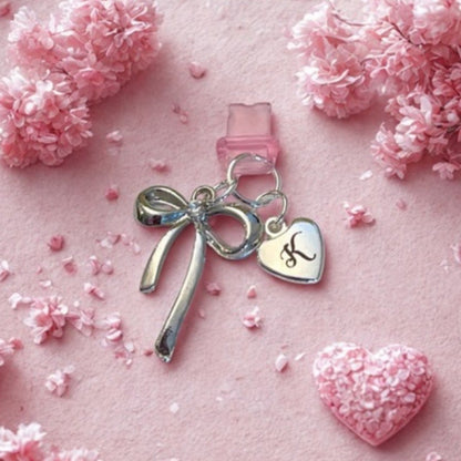 Personalized Initial Phone Charm, Engraved Heart or Round Charm and Bow, Dust Plug.