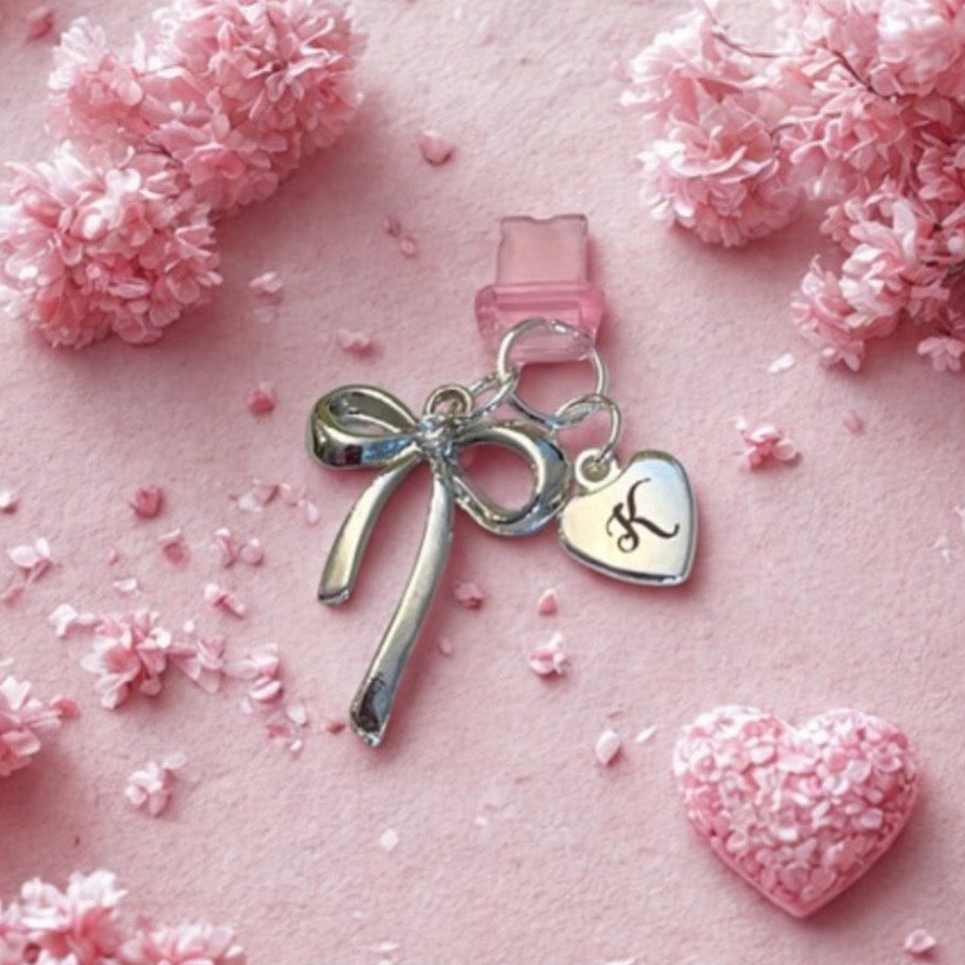 Personalized Initial Phone Charm, Engraved Heart or Round Charm and Bow, Dust Plug.