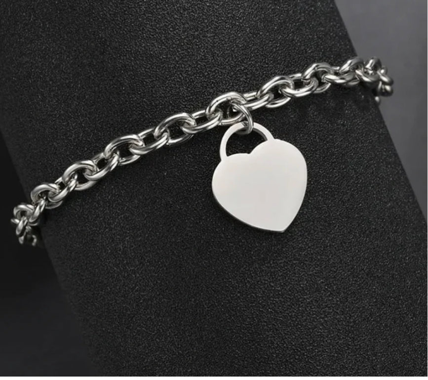 Heart Pendant Bracelet Engraved Stainless Steel