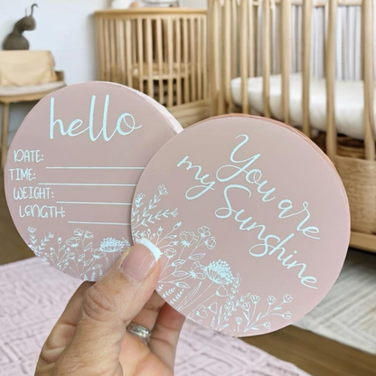 Newborn Milestone Acrylic Engraved Photo Props Set of 15 standard Months, Day, Year, Birth Stats and you are my sunshine, with add on “My First” Holiday Set