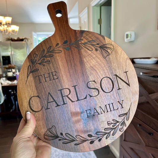 Walnut Bread Board ~ Engraved Round Family Name