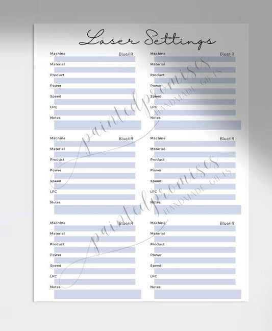 Laser Settings Note Paper Digital Download. Save your cut/engrave/score settings and add to a binder to save. Never forget your settings.
