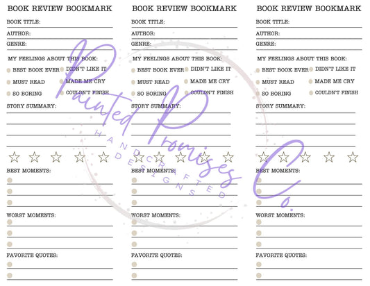 Book Review Bookmark Digital Download Version. Record Your Reading, Rate Your Books Journal Your Reviews, Printable PDF Version