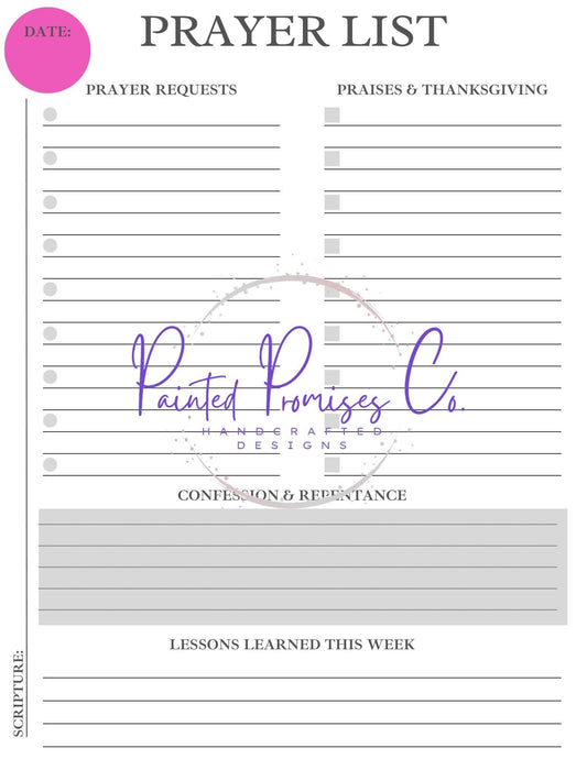 Prayer List, Daily Prayer Sheets Digital Download