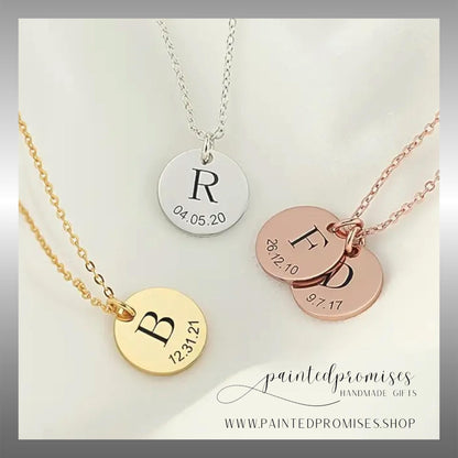 Personalized Round Mini Tag Charm for necklace, 18K Gold Plated, Silver Stainless Steel & Rose Gold designs. 16 mm engraved charm tag.