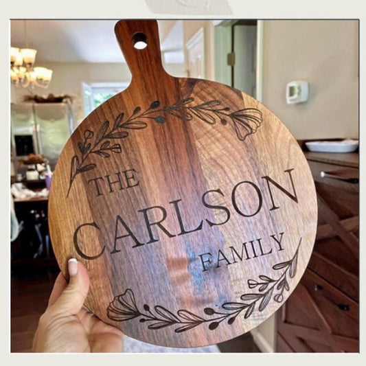 Solid Walnut Wood Bread Board 9.5 Round Personalized Gift with Family Name. Custom Laser Engraved with Floral Design & Last Name.