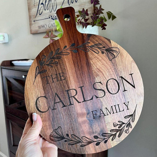 Solid Walnut Wood Bread Board 9.5 Round Personalized Gift with Family Name. Custom Laser Engraved with Floral Design & Last Name.