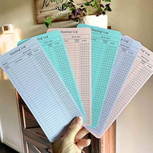 Double Sided Reading Log Card Stock Bookmark Set: Library Card Design
